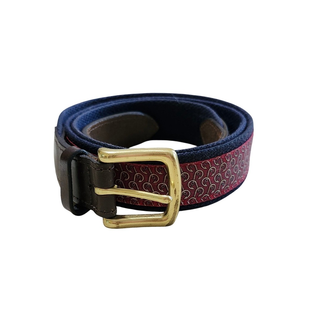 Vineyard Vines Canvas Leather Belt Mens 44 Blue Red Fish Hook Brass Buckle USA